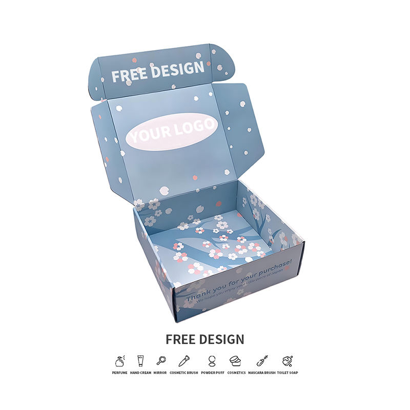 青色の背景の花びらの段ボールの化粧品包装箱